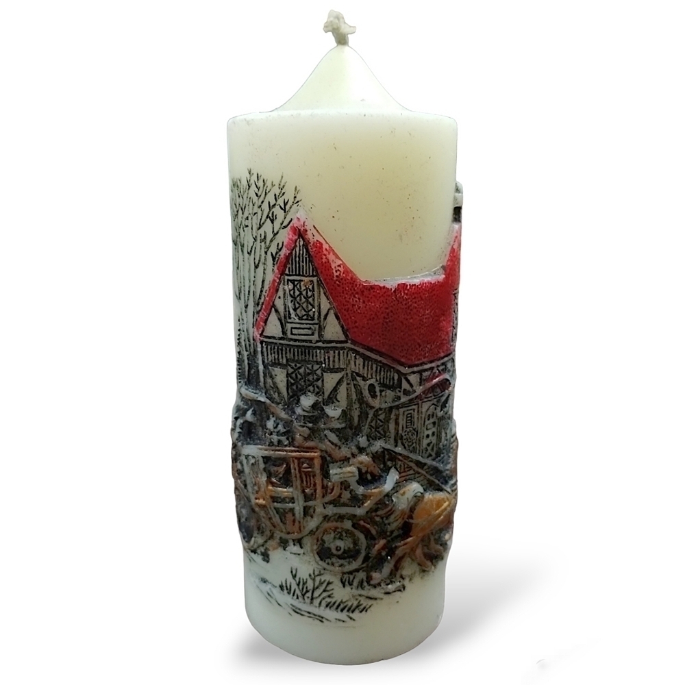 1970s Old English Winter Scene Horse Drawn Carriage Holiday Elegance Candle